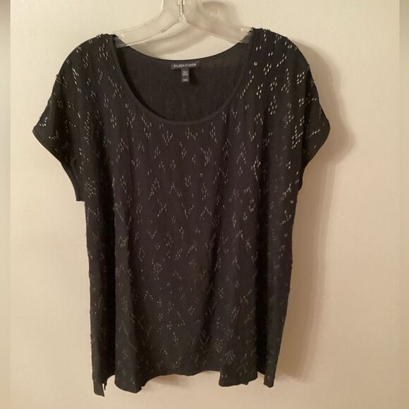 EILEEN FISHER SIZE M BLACK SILK BEADED CHEVRON DESIGN CAP SLEEVE SCOOP NECK TOP - Picture 2 of 8